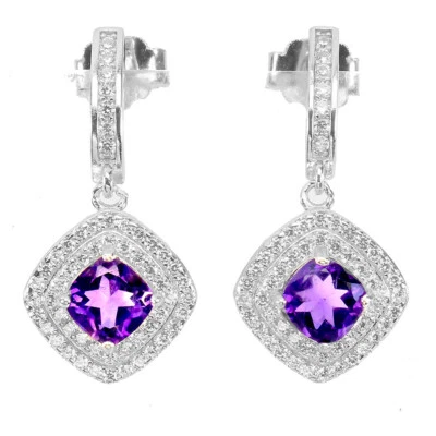 925 Sterling Silver Cushion Purple Amethyst 5mm Simulated Cz Earrings - Image 1 of 4