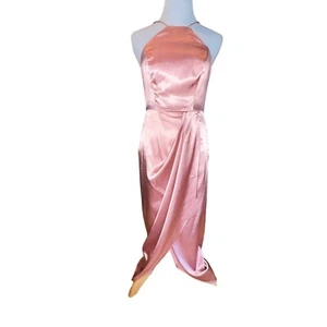 After Six Desert Rose Charmeuse Halter Midi Dress Draped Tulip Skirt 6829 Sz 2R - Picture 1 of 12