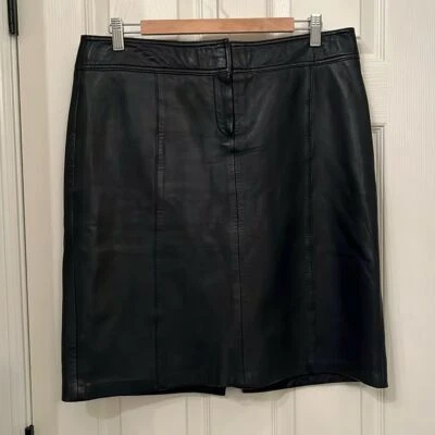 Vintage Tommy Hilfiger Black Knee Length Soft Leather Skirt Sz 12 Back Slit Hem - Image 1 of 4