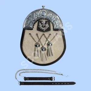 REAL LEATHER SCOTTISH HIGHLAND WEAR CELTIC SPORRAN & CHAIN BELT KILT ACCESSORIES - Picture 1 of 3