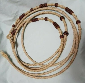 Split Reins w Connectors Natural Rawhide w Chocolate/Blk Details-8 ft., 6 plaits - Picture 1 of 1