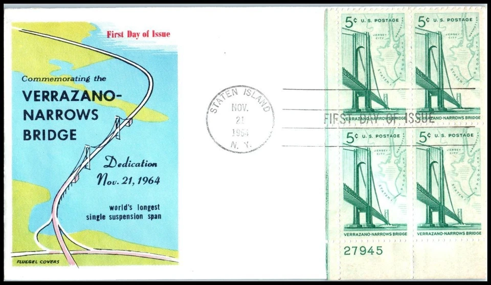 1964 Verrazano Narrows Bridge 5c Sc 1258 FDC with classic Fluegel cachet UA - Image 1 of 1