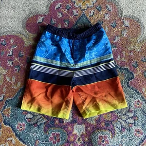 Lands End Boys Swim Trunks Size Large 10/12 Orange Blue Stripe - Picture 1 of 2