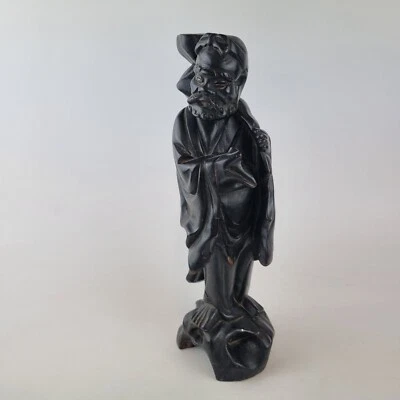 Antique Chinese Carved Wood Figure Sage Ebonised 29.5cm High - Image 1 of 4