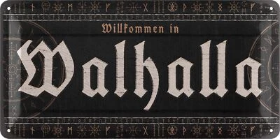 LANOLU Retro Blechschild WALHALLA, Metallschild mit Spruch, Wikinger Deko 16x32