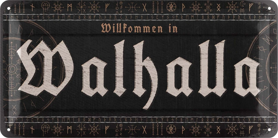 LANOLU Retro Blechschild WALHALLA, Metallschild mit Spruch, Wikinger Deko 16x32