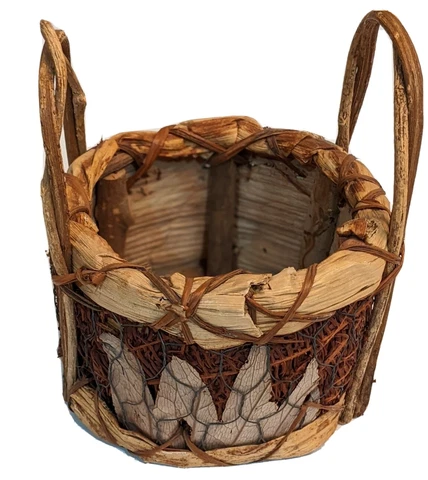 Artisan Handcrafted Primative Rustic Woven Basket Wire Wooden Natural Elements Cover
