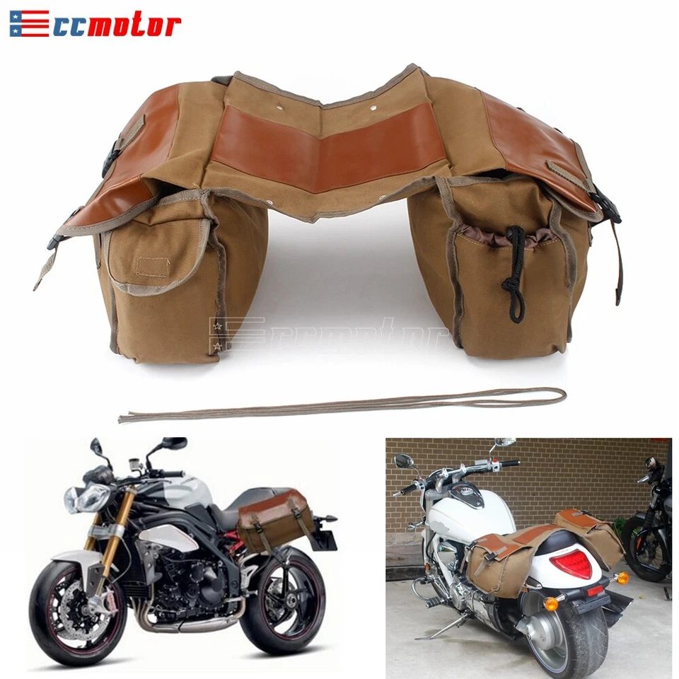Motorcycle Rear Rack khaki Seat Saddle Bag Storage Pannier Box Canvas Waterproof - Image 1 of 4