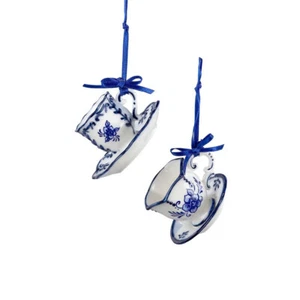 KURT ADLER SET OF 2 PORCELAIN DELFT BLUE CUP & SAUCER XMAS ORNAMENTS J0651-2 - Picture 1 of 2