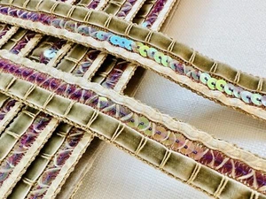 Luxury Vintage Velvet Satin Sequin Trim Braid 18mm Sage Green Mauve Ivory Boho - Picture 1 of 21