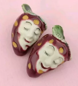 Vintage Anthropomorphic Strawberry Heads Sleeping Salt & Pepper Shakers Japan - Picture 1 of 11