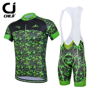 CHEJI Camo Green Men's Biking Jersey & (Bib) Shorts Set Paadded Cycling Wear Kit - Picture 1 of 11