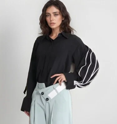 Ladies Black White Classic Chic Smart  Casual  Arty Design  Shirt Blouse Top  14 - Image 1 of 4