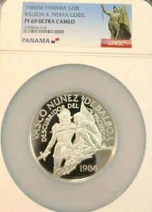 1984 PANAMA SILVER 20 BALBOAS BALBOA & INDIAN GUIDE NGC PF 69 ULTRA CAMEO SCARCE - Picture 1 of 5