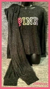 Victoria's Secret Pink Ombre Rainbow Cozy Sleep Shirt +  Joggers PJ Set Gray L - Picture 1 of 10