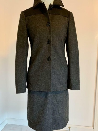 Gonna pantalone giacca PRADA misto lana antracite flanella bordo nero 3 pezzi US 4+6