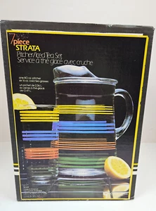 Indiana Glass STRATA 7 Piece Primary Color Ice Tea & Pitcher Set w/Box MINT - Picture 1 of 7