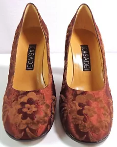 Casadei Heels Cinnamon Brown Floral Fabric Leather Pumps Size 7 B - Picture 1 of 11