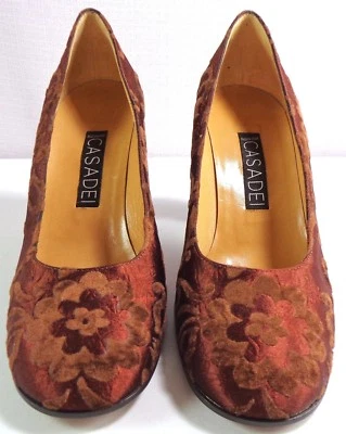 Casadei Heels Cinnamon Brown Floral Fabric Leather Pumps Size 7 B - Image 1 of 4