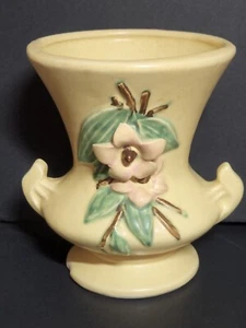 Vintage McCoy Pottery Blossom Time Vase Double Handle Yellow Matte Pink Flower - Picture 1 of 10