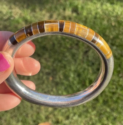 Brazalete Brazalete 55g Plata Esterlina Sólida Firmado Mexicano CIL Ojo de Tigre Incrustación Foto 1 de 4