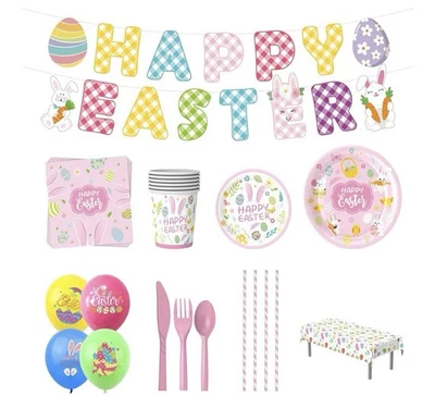 150PCS Easter Tableware Set Paper Plates Cups Napkins Banner Serves 16 Guests - Image 1 of 4