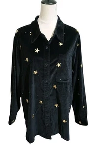 The Quacker Factory Black Velour Jacket Gold Star Embroidered Button Up 1X New - Picture 1 of 15
