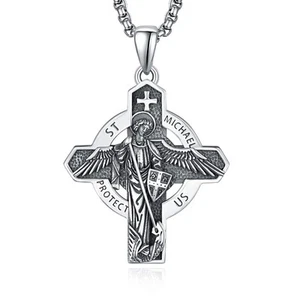 925 Sterling Silver St Michael Cross Protection Necklace Amulet Jewelry for Men - Picture 1 of 8
