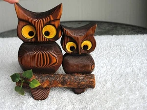 Vintage Witco Owl pair on Tree Limb Wood Carved MCM Atomic Brutalist Tiki 7" - Bild 1 von 5