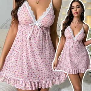 Pink Women's Lingerie Lace Babydoll Chemise V-Neck Nightdress Sexy Sleepwear US - Picture 1 of 13