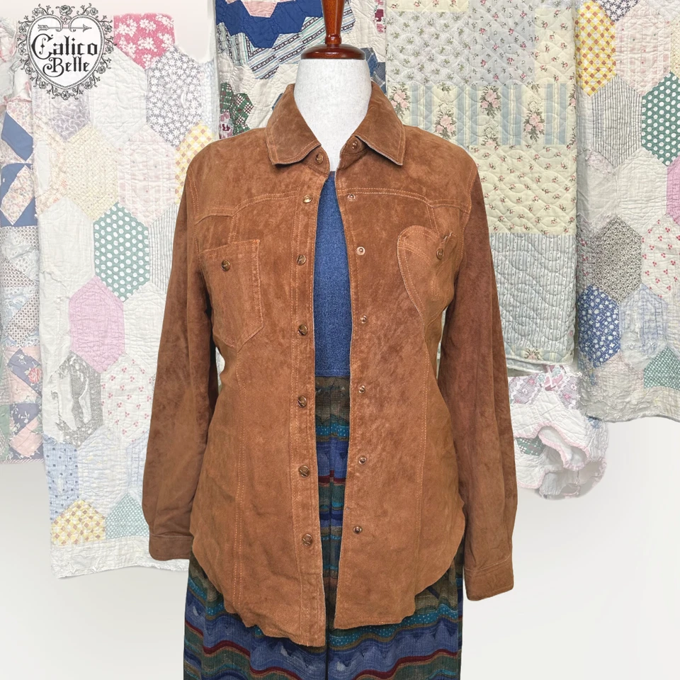 Vintage Y2K Suede Leather Heart Pocket Western Prairie Boho Snap Shacket Size M - Image 1 of 4
