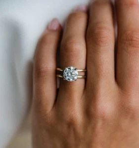 Elegant Round Cut Solitaire Two Band Engagement Ring Gold Plated Women's Jewelry - Picture 1 of 9