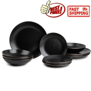 12 Stück Schwarz Onyx Steinzeug Geschirr Set Küche Geschirr Teller NEU USA - Bild 1 von 11