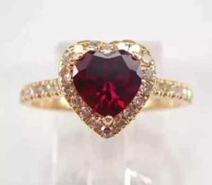 2Ct Heart Cut Lab-Created Red Ruby Halo Engagement Ring 14K Yellow Gold Plated - Picture 1 of 5