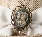 HATPIN with VICTORIAN CHILDREN in Ivory Color on Green CAMEO - Old Brass Finish
