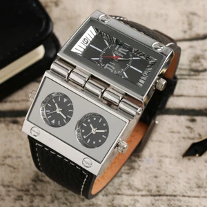 Oulm Men's Steampunk Quartz Watch Muliti Time Zone Leather Strap Wristwatch Gift - Picture 1 of 12