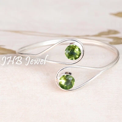 Faceted Peridot Gemstone Bangle 925 Sterling Silver Bracelet For Couple Gift - Image 1 of 4