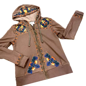 Sweet Miss Me womens hoodie zip Sz Medium full pockets brass bead Embroidered s - Picture 1 of 12