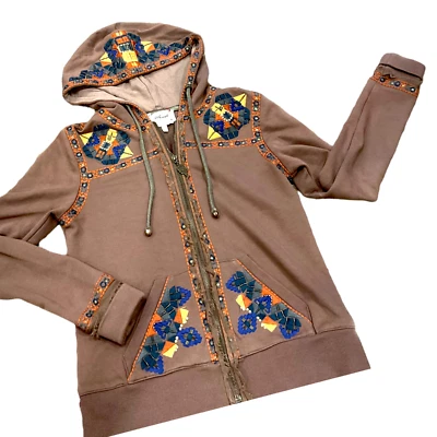 Sweet Miss Me womens hoodie zip Sz Medium full  pockets brass bead Embroidered s - Image 1 of 4
