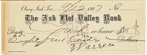 Ash Flat Valley Bank 1907 Check- Olney I.T. Indian Territory Oklahoma (P) - Picture 1 of 2