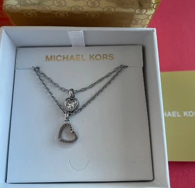 NUEVO Collar Michael Kors Plata Circonita Cúbica Logo Corazón Doble Capa MKJ7802 Foto 1 de 2