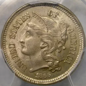 1866 THREE CENT NICKEL GORGEOUS INVERTED PROFILE REV DIE CLASHES/BREAK NGC MS 64 - Picture 1 of 5