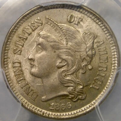 1866 THREE CENT NICKEL GORGEOUS INVERTED PROFILE REV DIE CLASHES/BREAK NGC MS 64 - Image 1 of 4