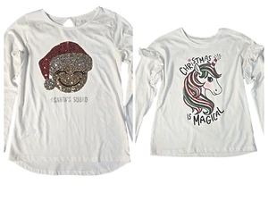 Girls Christmas White Sparkly LS Shirts Sz XL/14 Mixed Lot/2 Unicorn& Happy Face - Picture 1 of 12