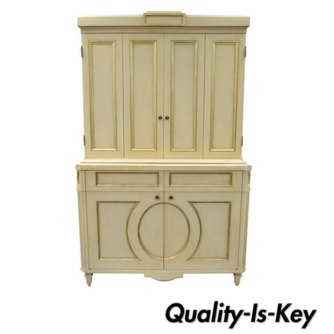 French Neoclassical Louis XVI Style Cream & Gold Painted Bar Cabinet by Decca A Cover