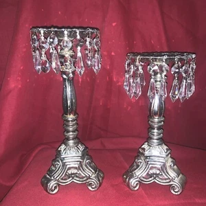 Set Of 2 Beautiful Silver Candle Holders With Crystal Prisms - Picture 1 of 12