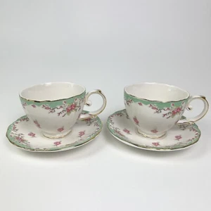 Grüne Vintage Rose Teetassen und Untertassen Gracie Bone China 2er Set - Bild 1 von 12