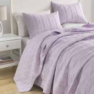 King Size 100% Cotton Quilt Set, Lavender 3-Piece Bedspread with Shams - Picture 1 of 7