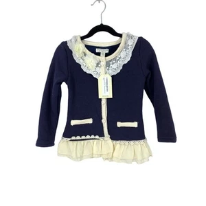 Richie House Girl's Size 4-5 Sweet Lacy Cardigan with Braided Placket Blue Cream - Picture 1 of 5