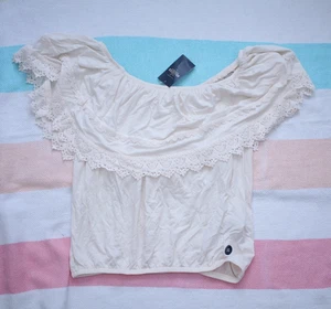 Hollister Schulterfreies Rüschen Damen Crop Top Elfenbein Weiß XS Neu mit Etikett - Bild 1 von 5